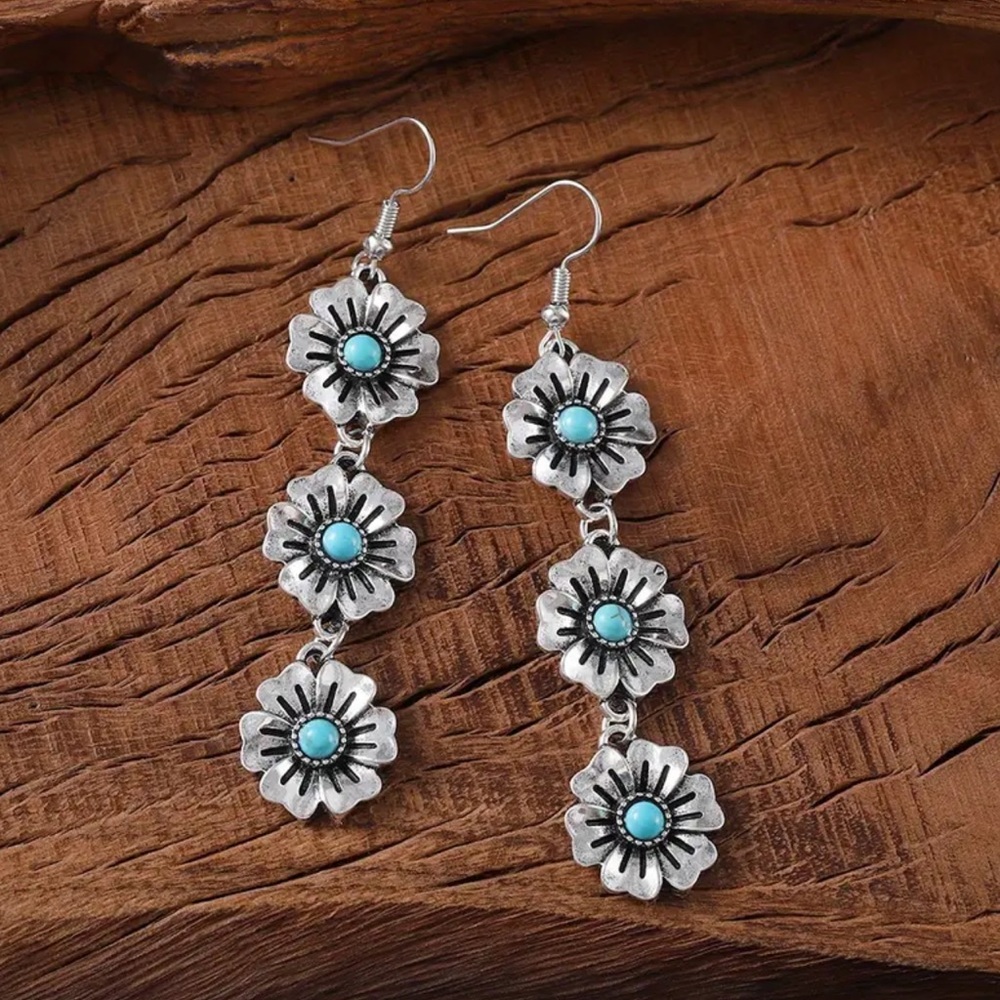 NWOT - Silver and Turquoise Floral Drop Earrings - Picture 4 of 7